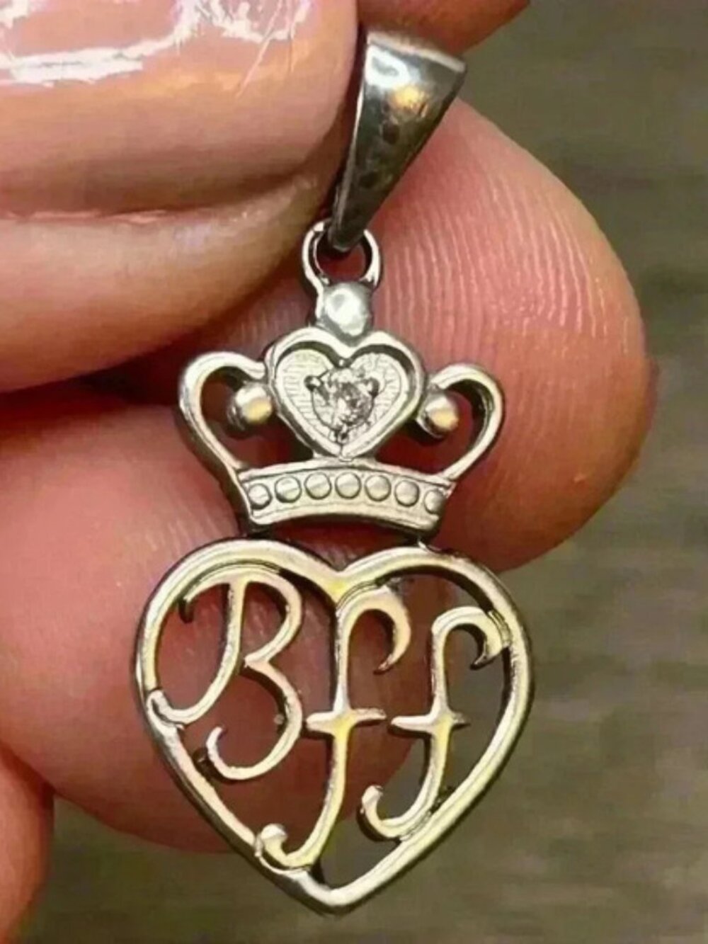 Silver Tone BFF Heart and Crown with Pink Crystal Gem Pendant